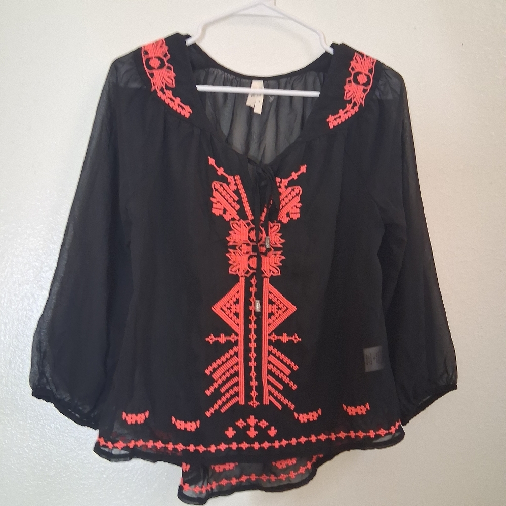 Truth Black Sheer Boho Embroidered Peasant Blouse Neon Coral Tribal Detail Sz S